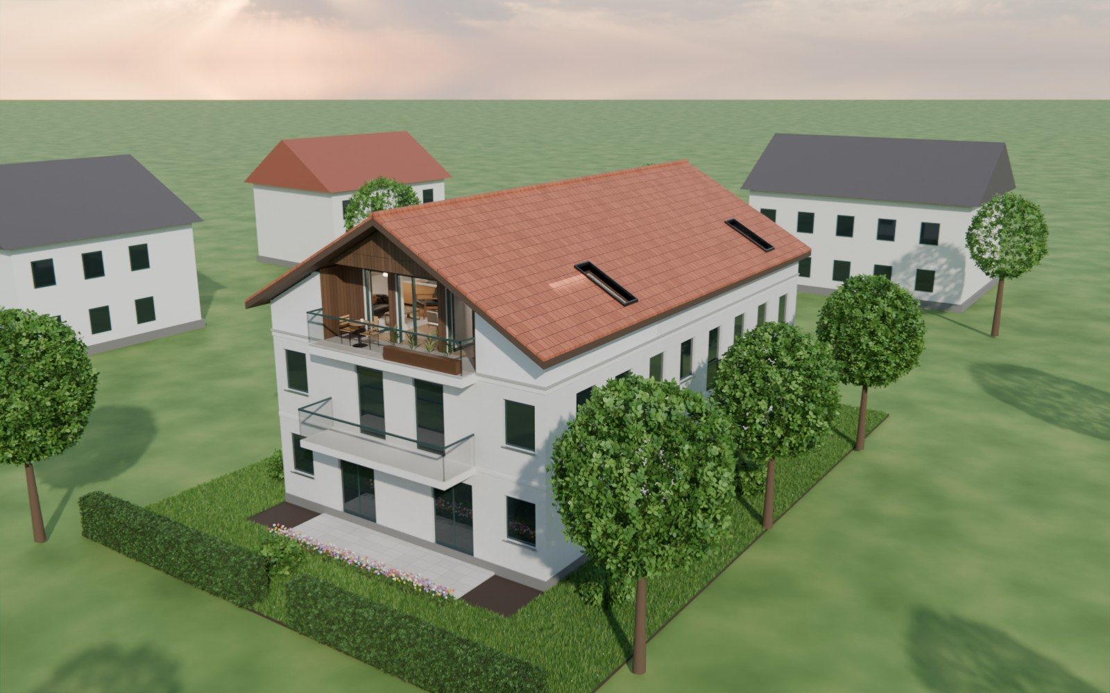 Außenansicht des Hauses mit Balkon im Giebel des Dachgeschosses