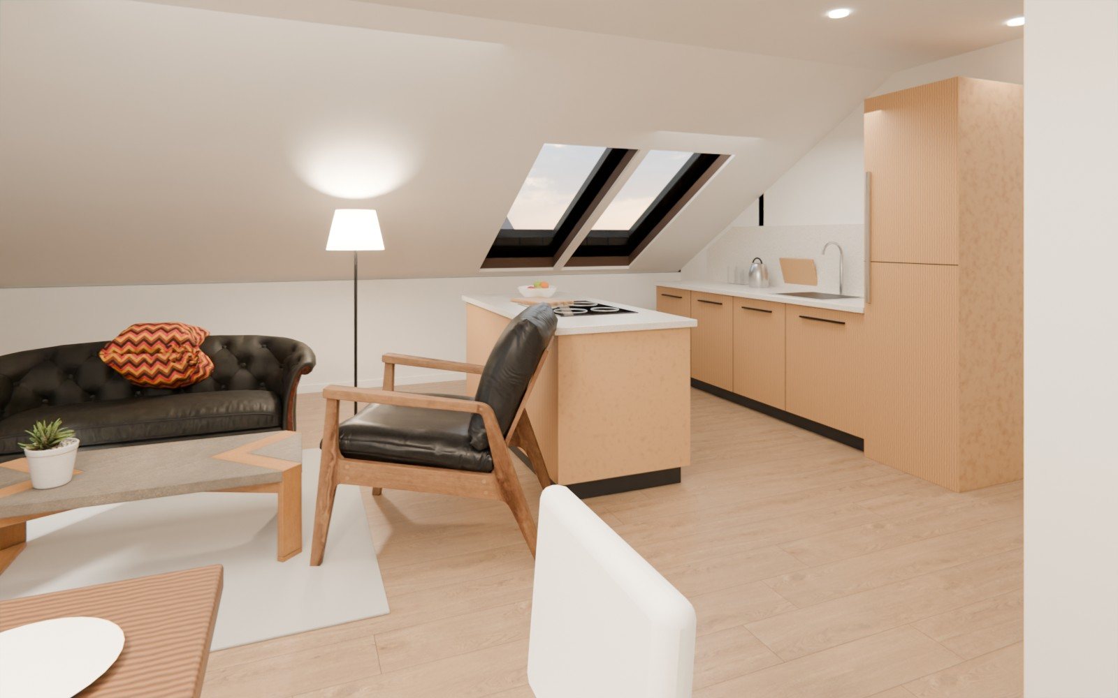 Wohnbereich mit Sofa, Kochinsel und Küchenzeile unter zwei Dachfenstern