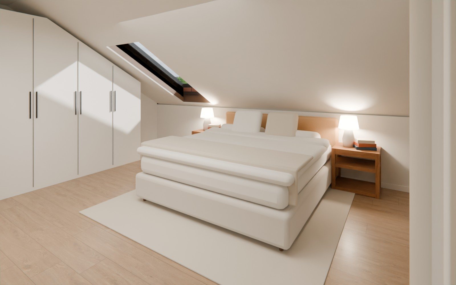 Schlafzimmer mit Doppelbett, Einbauschrank und Dachfenster