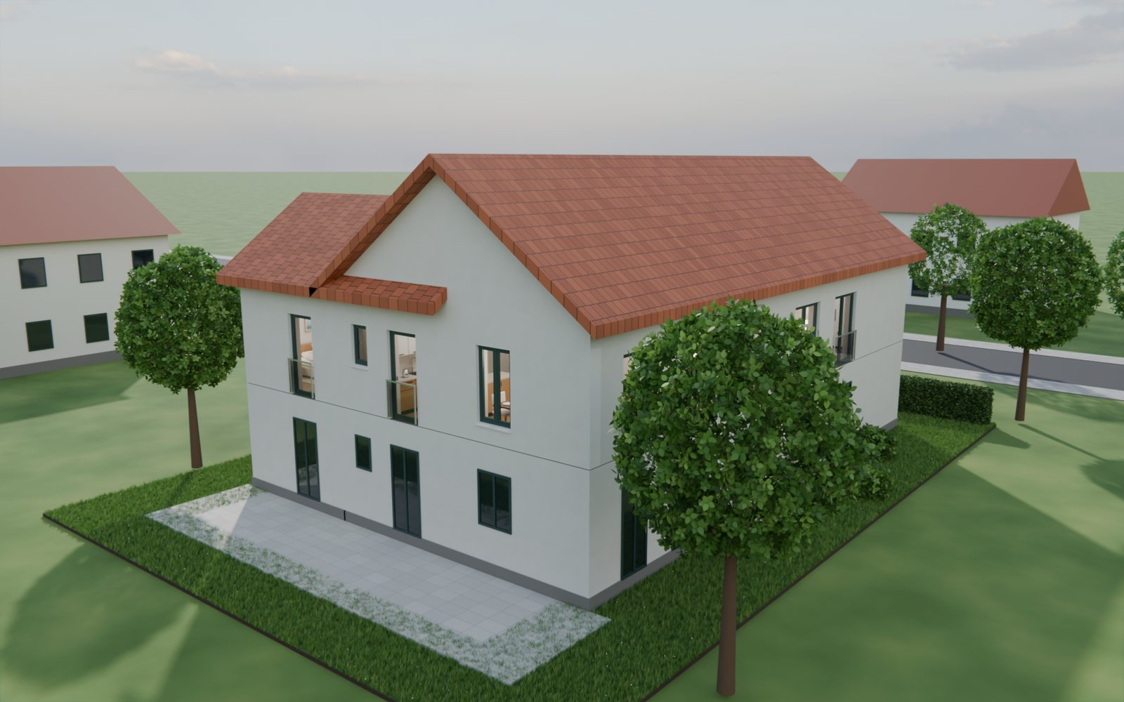 Außenansicht von Haus B mit Satteldach und französischen Balkonen