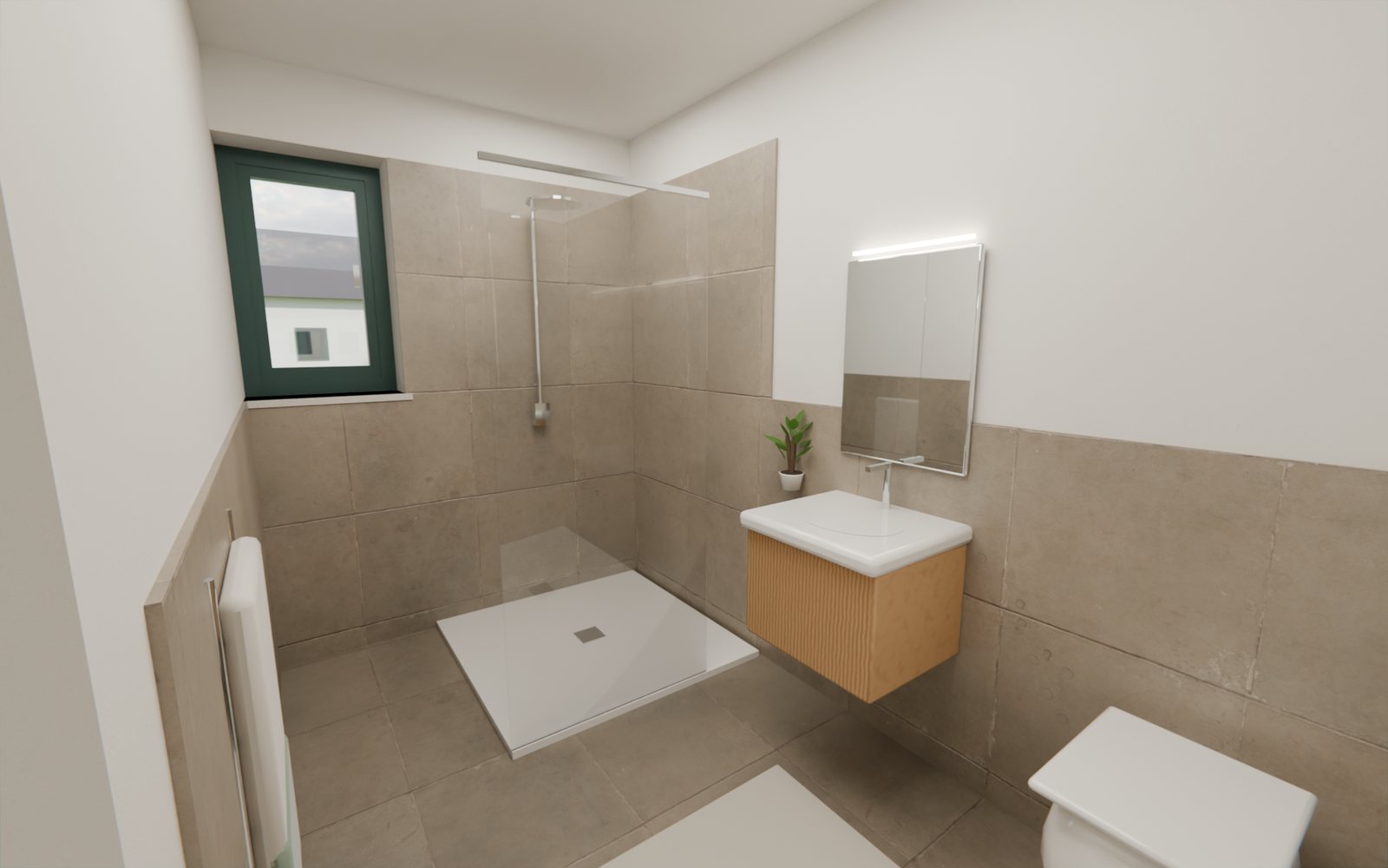 Bad mit Glasdusche, Waschtisch, WC und Fenster