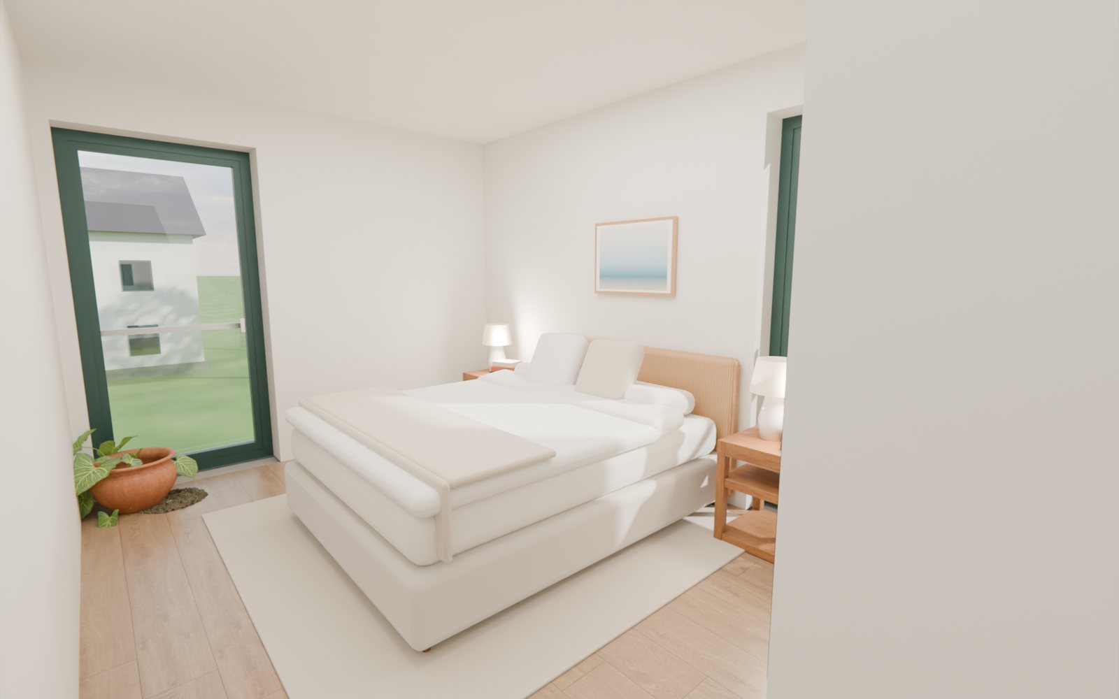 Schlafzimmer mit Doppelbett, Nachttischen und zwei bodentiefen Fenstern