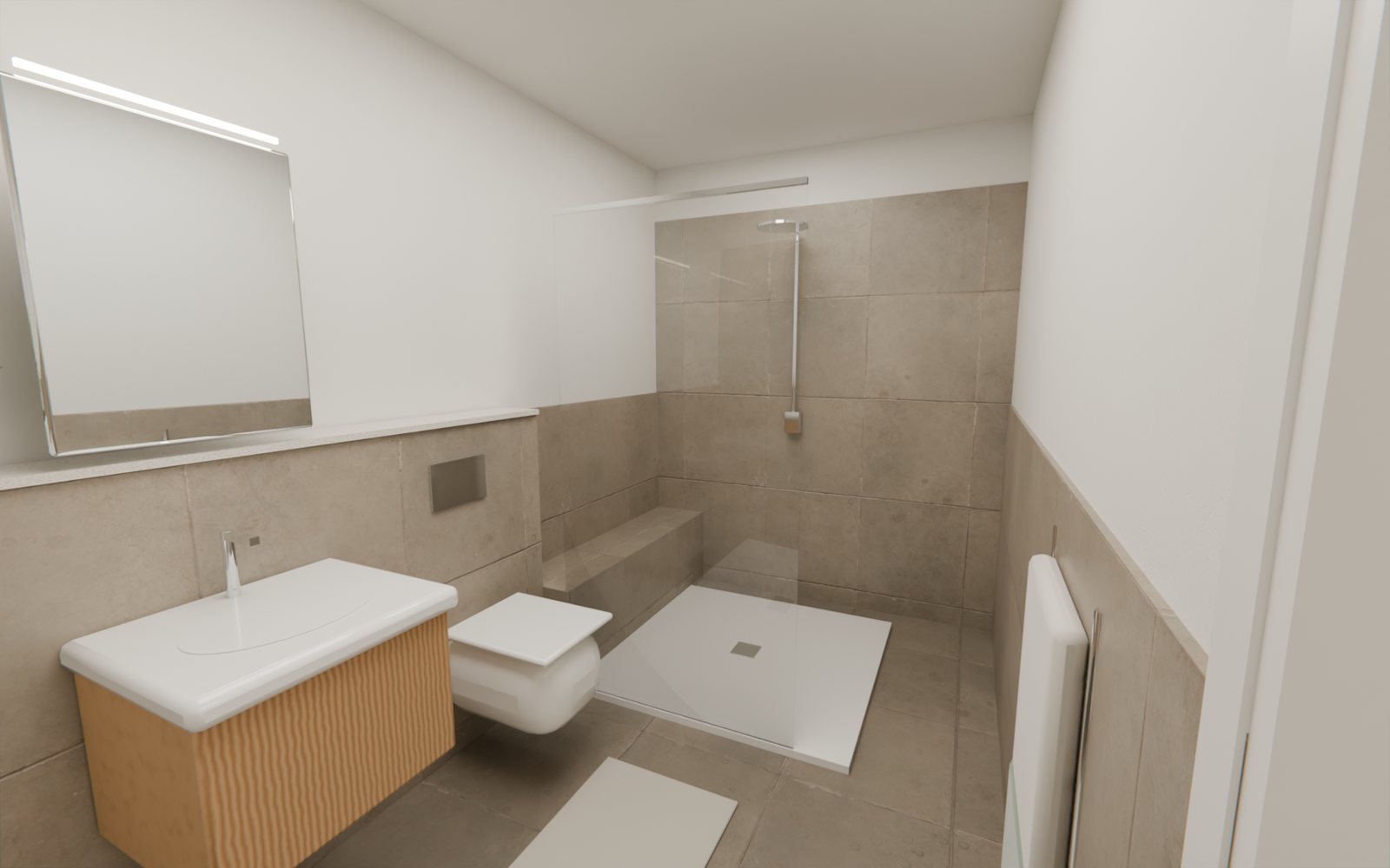Bad mit bodengleicher Dusche, WC, Waschtisch und Waschmaschine