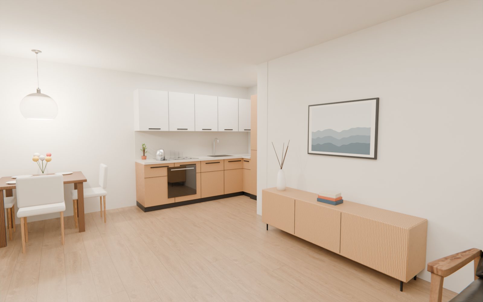Küche über Eck mit Oberschränken, links der Essplatz, rechts das Sideboard