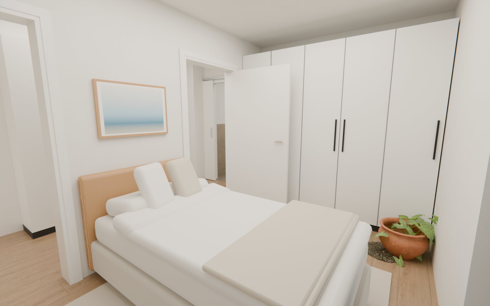 Schlafzimmer mit Bett, Einbauschrank und Tür zur Diele